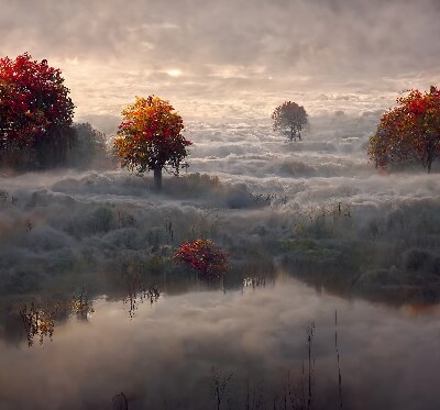 Tenda a rullo per porta finestra con stampa di alberi nella nebbia