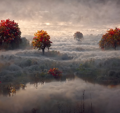 Tenda a rullo per porta finestra con stampa di alberi nella nebbia