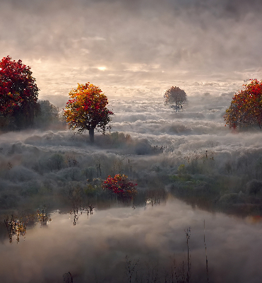 Tenda a rullo per porta finestra con stampa di alberi nella nebbia