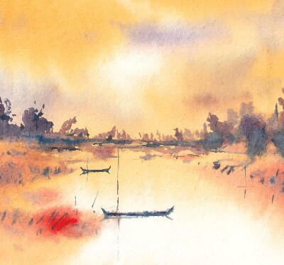 Tenda a rullo da interno con stampa di paesaggio di un tramonto sul lago