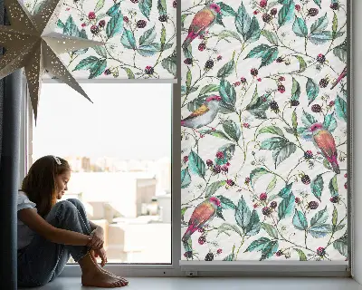 Tenda a rullo oscurante per porta finestra con motivo di foglie blu e uccelli colorati