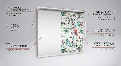 Tenda a rullo oscurante per porta finestra con motivo di foglie blu e uccelli colorati