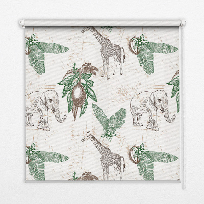 Tenda a rullo interna oscurante per finestra con fantasia di giraffe elefanti e foglie