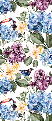 Tenda a rullo interna oscurante con fantasia di tucani e fiori