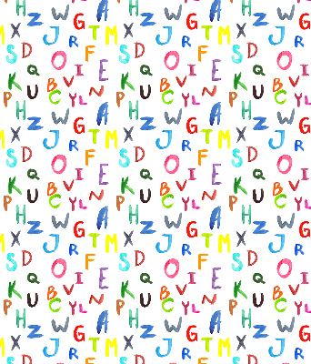 Tenda a rullo oscurante per porta finestra con fantasia di lettere colorate