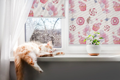 Tenda a rullo interna oscurante con fantasia di palloncini rosa ciambelle e coniglietti