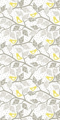 Tenda a rullo oscurante con fantasia di uccelli gialli su rami grigi per porta finestra