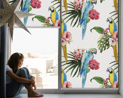 Tenda a rullo oscurante in tessuto con stampa di un pappagallo sui fiori