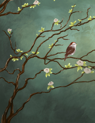 Tenda a rullo oscurante con motivo di uccelli su un ramo