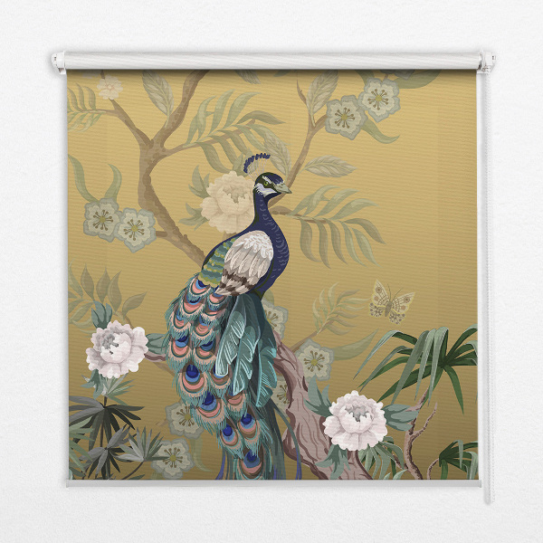 Tenda a rullo oscurante per porta finestra con motivo di pavone su un albero