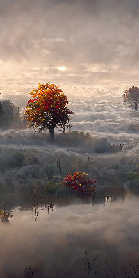 Tenda a rullo oscurante per porta finestra con stampa di alberi nella nebbia