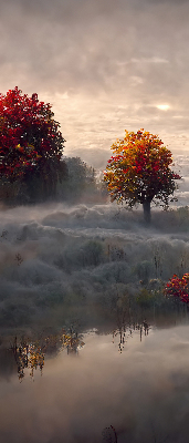 Tenda a rullo oscurante per porta finestra con stampa di alberi nella nebbia