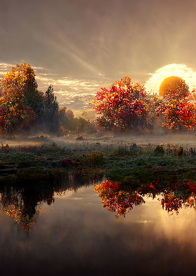 Tenda a rullo oscurante per finestra con stampa di un tramonto dietro gli alberi