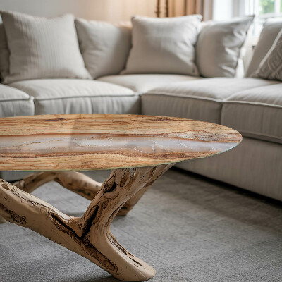 Tavolo piano vetro con stampa Legno in armonia con la resina