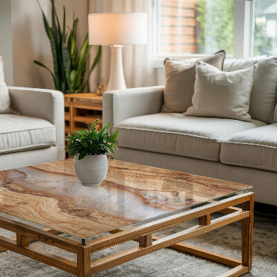 Tavolo piano vetro decorativo con stampa Legno in armonia con la resina