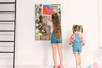 Lavagna magnetica cancellabile a secco con stampa di fiori su assi di legno