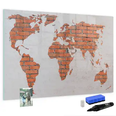 Lavagna magnetica a forma di mappa del mondo realizzata su mattoni