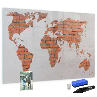 Lavagna magnetica a forma di mappa del mondo realizzata su mattoni