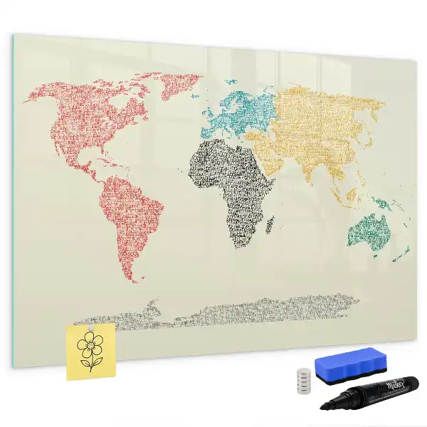 Lavagna magnetica per scrivere raffigurante una mappa del mondo fatta di lettere