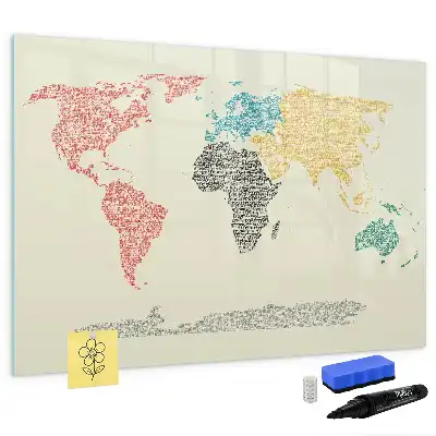 Lavagna magnetica per scrivere raffigurante una mappa del mondo fatta di lettere