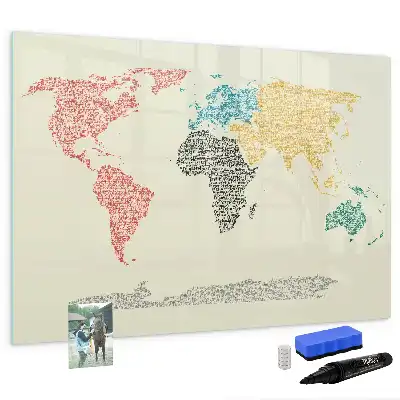 Lavagna magnetica per scrivere raffigurante una mappa del mondo fatta di lettere