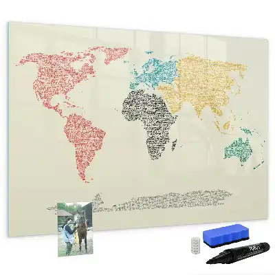 Lavagna magnetica per scrivere raffigurante una mappa del mondo fatta di lettere