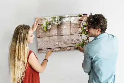 Lavagna magnetica per disegnare decorata con fiori su legno