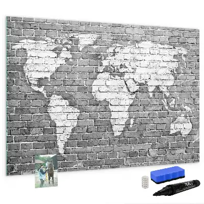 Lavagna magnetica a forma di mappa del mondo realizzata su mattoni