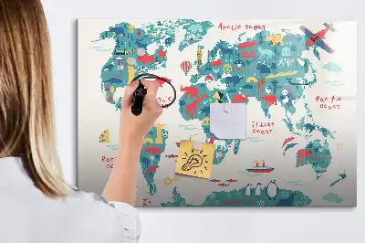 Mappa del mondo illustrata lavagna magnetica per disegnare