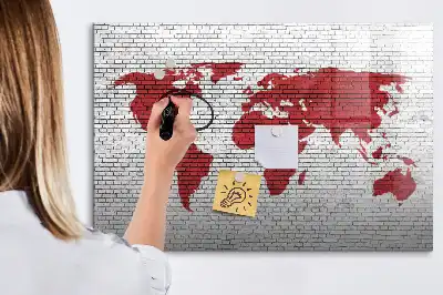 Lavagna magnetica per disegnare motivo mappa del mondo su muro di mattoni