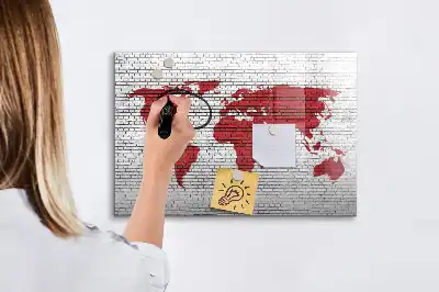Lavagna magnetica per disegnare motivo mappa del mondo su muro di mattoni