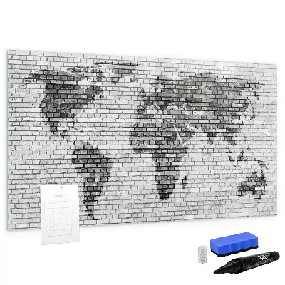 Lavagna magnetica con stampa di mappa del mondo su muro di mattoni