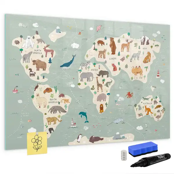 Lavagna magnetica per scrivere a forma di mappa del mondo con animali