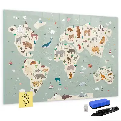 Lavagna magnetica per scrivere a forma di mappa del mondo con animali