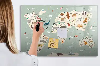 Lavagna magnetica per scrivere a forma di mappa del mondo con animali