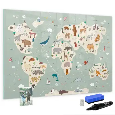 Lavagna magnetica per scrivere a forma di mappa del mondo con animali