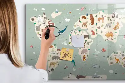 Lavagna magnetica per scrivere a forma di mappa del mondo con animali