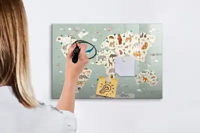 Lavagna magnetica per scrivere a forma di mappa del mondo con animali