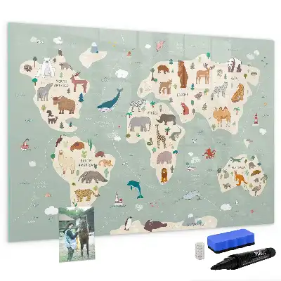 Lavagna magnetica per scrivere a forma di mappa del mondo con animali