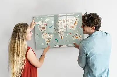 Lavagna magnetica per scrivere a forma di mappa del mondo con animali