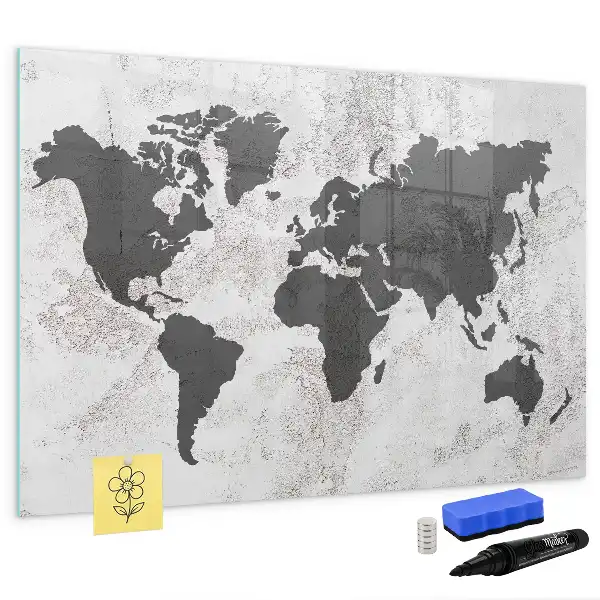 Lavagna magnetica per scrivere con stampa di una mappa del mondo su effetto cemento