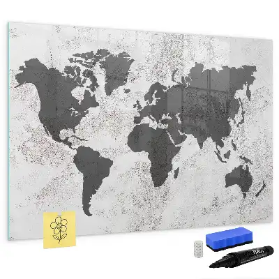 Lavagna magnetica per scrivere con stampa di una mappa del mondo su effetto cemento