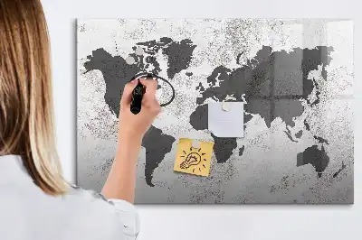 Lavagna magnetica per scrivere con stampa di una mappa del mondo su effetto cemento