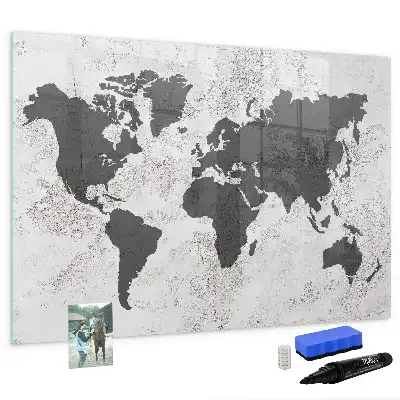 Lavagna magnetica per scrivere con stampa di una mappa del mondo su effetto cemento