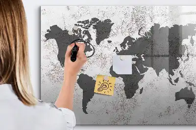Lavagna magnetica per scrivere con stampa di una mappa del mondo su effetto cemento