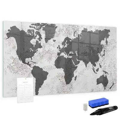 Lavagna magnetica per scrivere con stampa di una mappa del mondo su effetto cemento