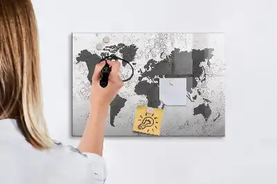Lavagna magnetica per scrivere con stampa di una mappa del mondo su effetto cemento