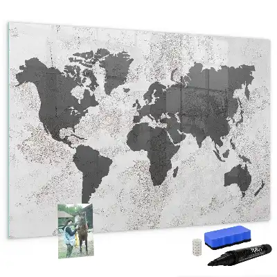 Lavagna magnetica per scrivere con stampa di una mappa del mondo su effetto cemento