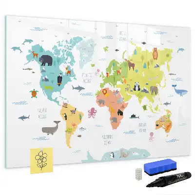 Lavagna magnetica per disegnare con mappa del mondo raffigurante animali