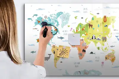 Lavagna magnetica per disegnare con mappa del mondo raffigurante animali